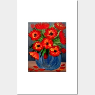 A  lovely boutique of abstract poppie  in a blue vase . Posters and Art